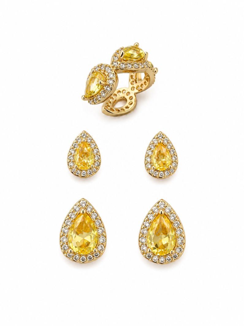 Trio de Brinco Folheado a Ouro 18k e Prata Gotas de Cristal