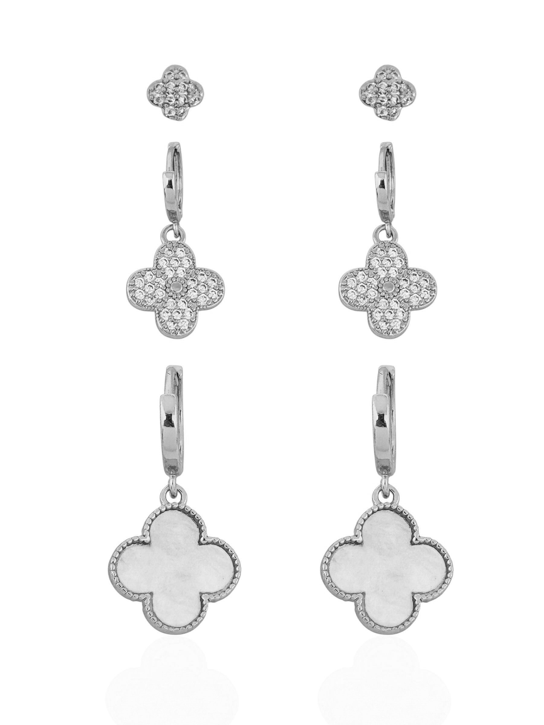 Trio de Brinco Folheado a Ouro 18k e Prata Inspiração Vg. Cravejada e Resinada