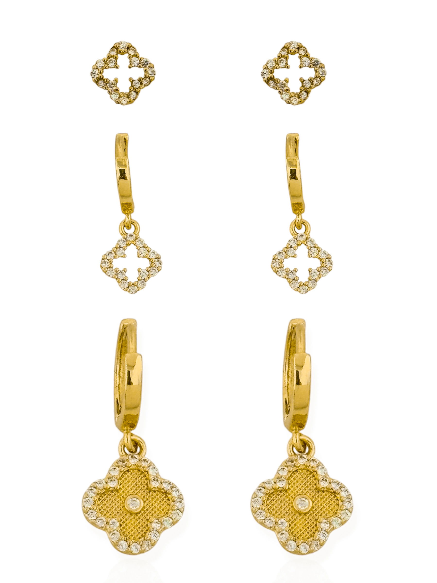 Trio de Brinco Folheado a Ouro 18k e Prata Inspiração Vg. Cravejado