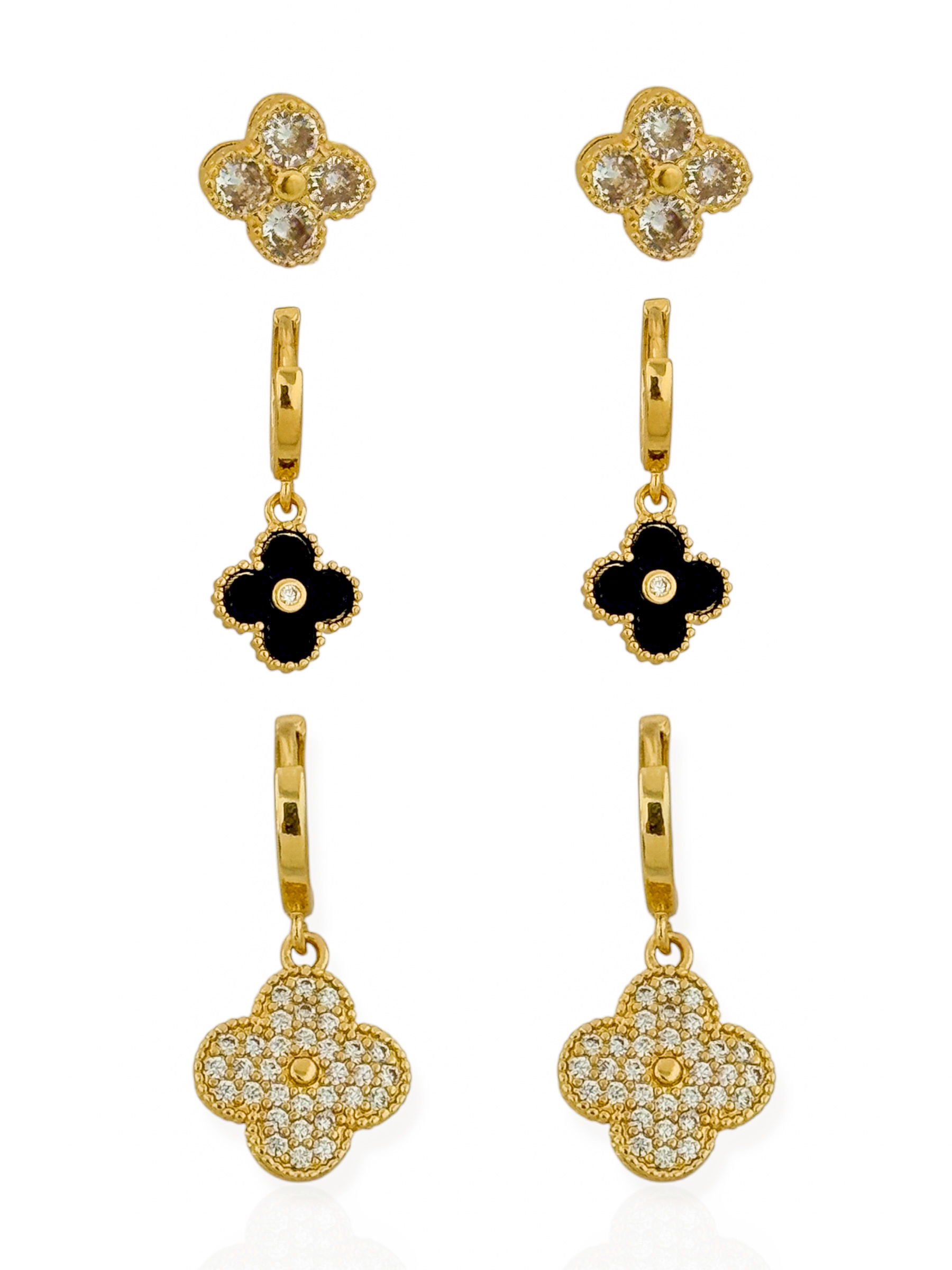 Trio de Brinco Folheado a Ouro 18k e Prata Inspiração Vg. Resinada e Cravejada