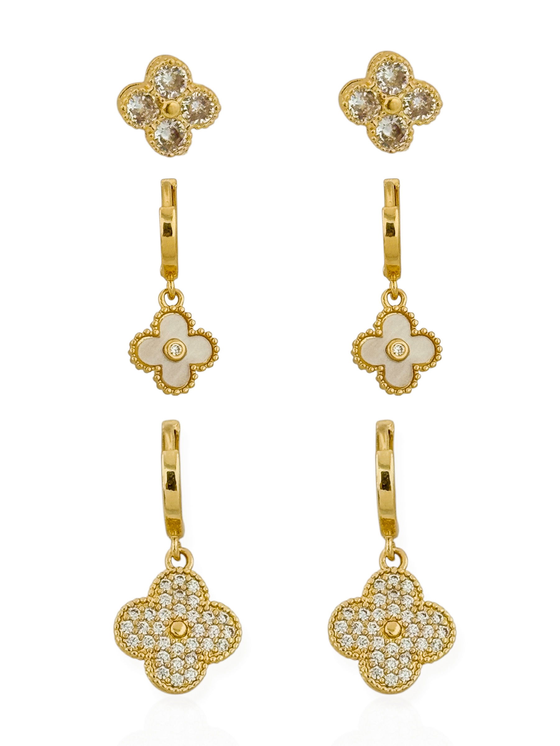 Trio de Brinco Folheado a Ouro 18k e Prata Inspiração Vg. Resinada e Cravejada