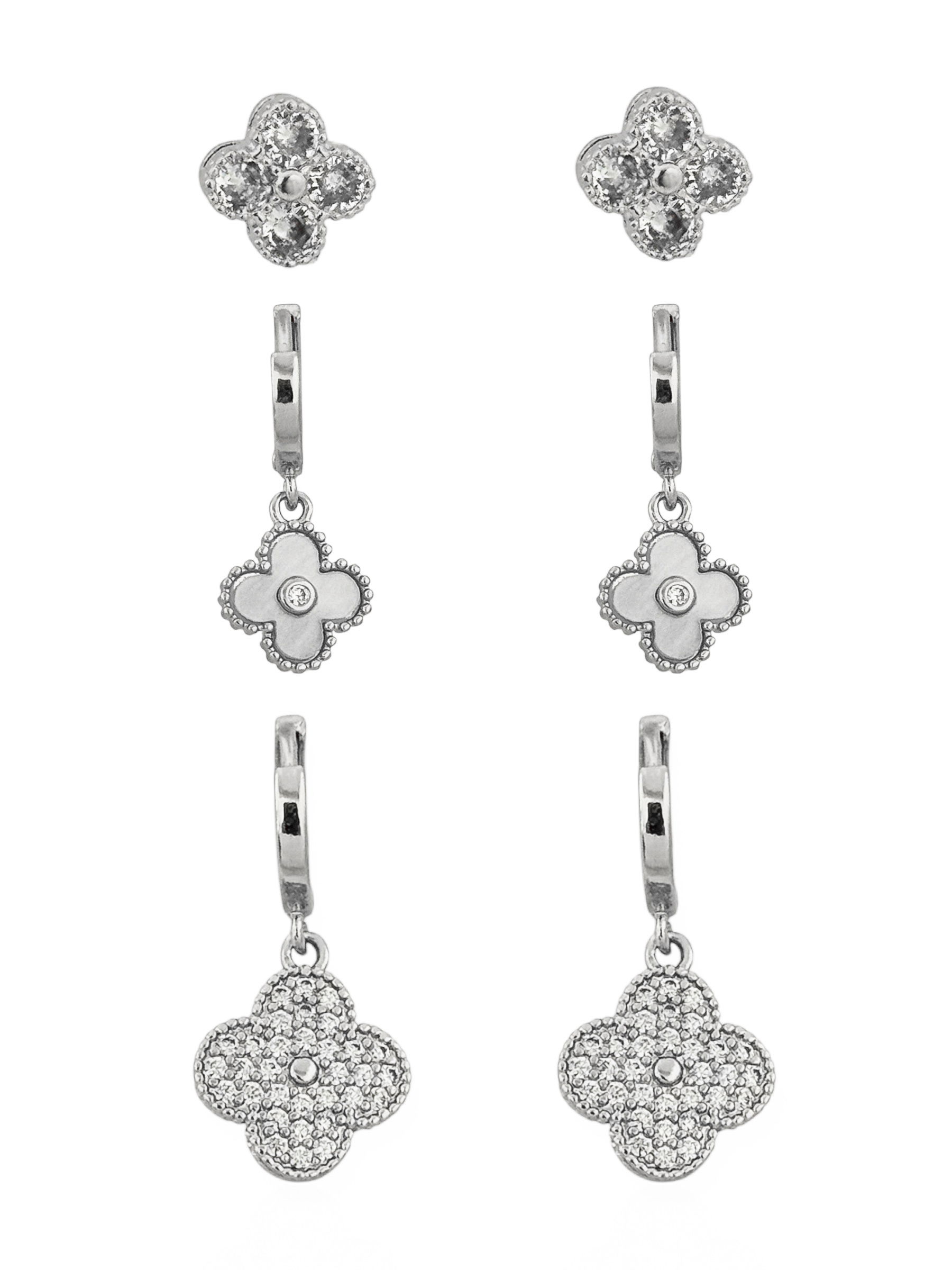 Trio de Brinco Folheado a Ouro 18k e Prata Inspiração Vg. Resinada e Cravejada