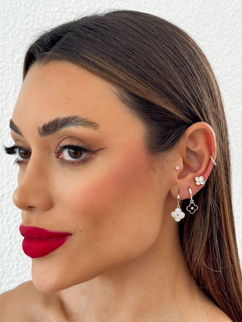 Trio de Brinco Folheado a Ouro 18k e Prata Inspiração Vg. Resinada e Cravejada