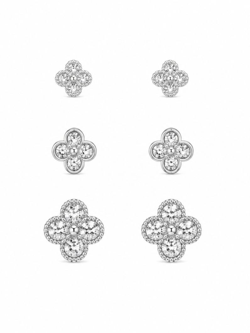 Trio de Brinco Folheado a Ouro 18k e Prata Inspiração Vg Com Zircônia