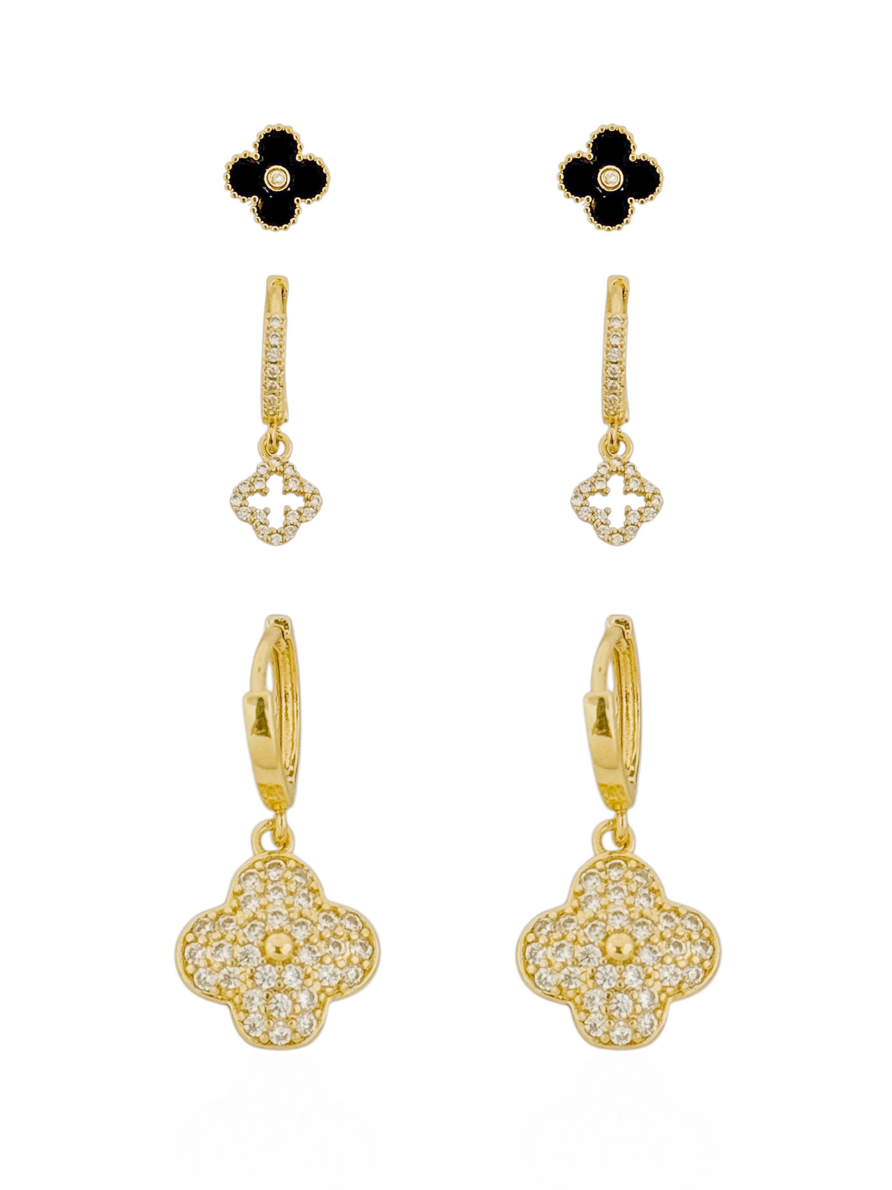 Trio de Brinco Folheado a Ouro 18k e Prata Inspiração Vg Cravejados e Resinados