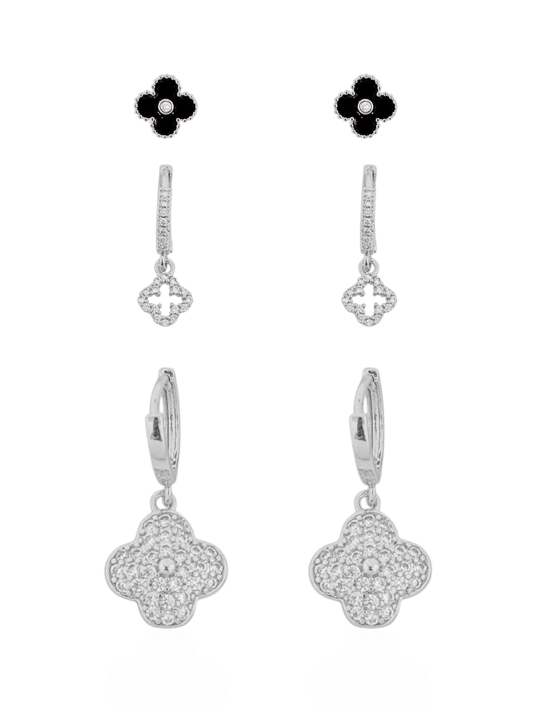 Trio de Brinco Folheado a Ouro 18k e Prata Inspiração Vg Cravejados e Resinados