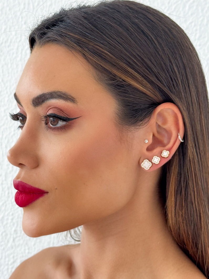 Trio de Brinco Folheado a Ouro 18k e Prata Inspiração Vg Resinada Com Borda Micro Zircônia