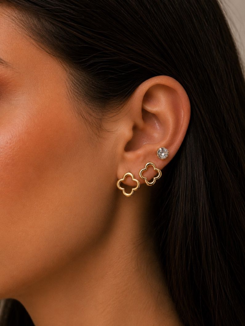 Trio de Brinco Folheado a Ouro 18k e Prata Inspiração Vg Vazado Com Ponto de Luz
