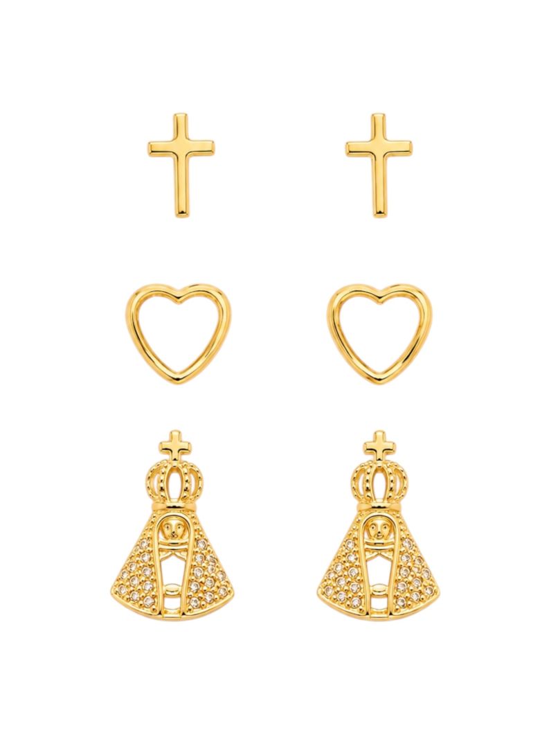 Trio de Brinco Folheado a Ouro 18k e Prata Nossa Senhora, Corações Vazado Com Cruz Lisa