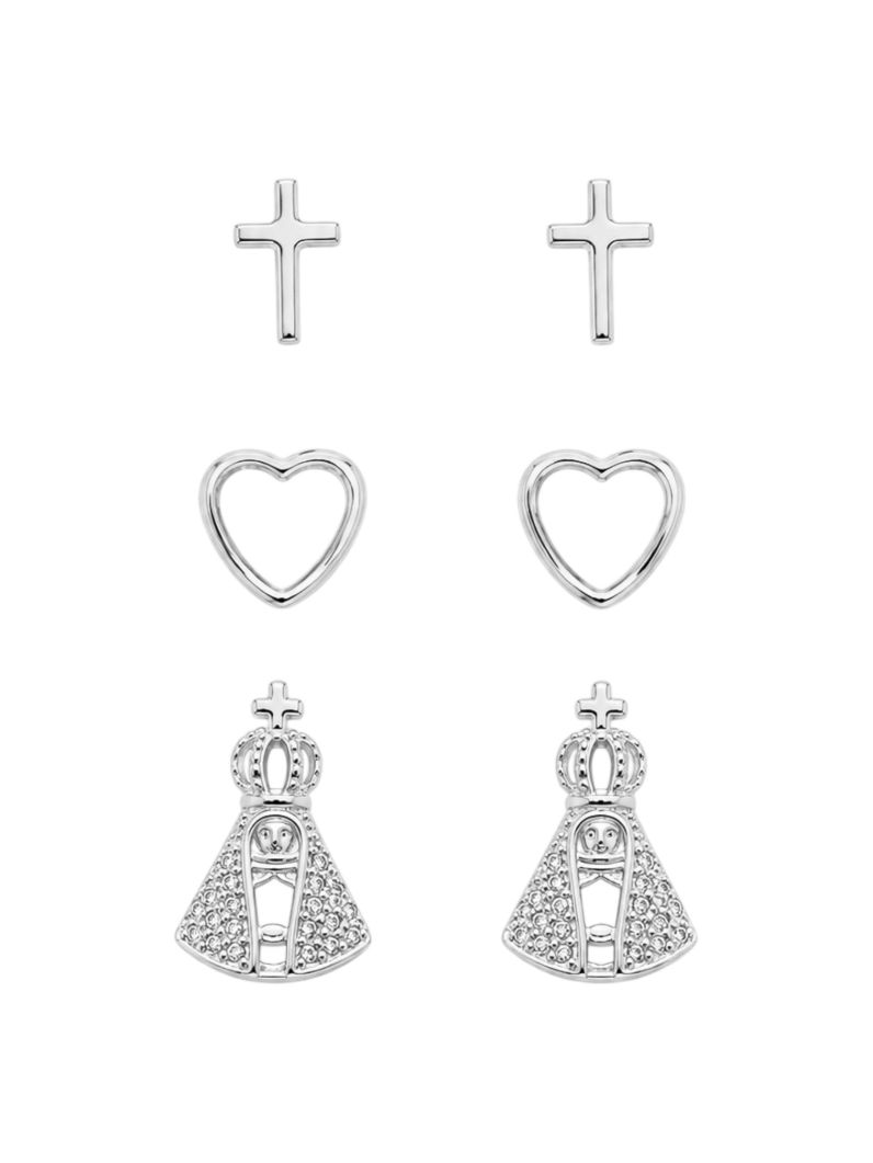 Trio de Brinco Folheado a Ouro 18k e Prata Nossa Senhora, Corações Vazado Com Cruz Lisa