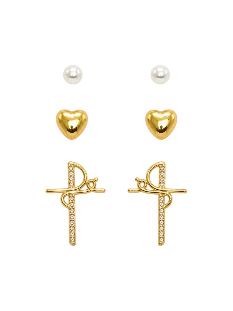 Trio de Brinco Folheado a Ouro 18k e Prata Pérola, Com Coração e Fé