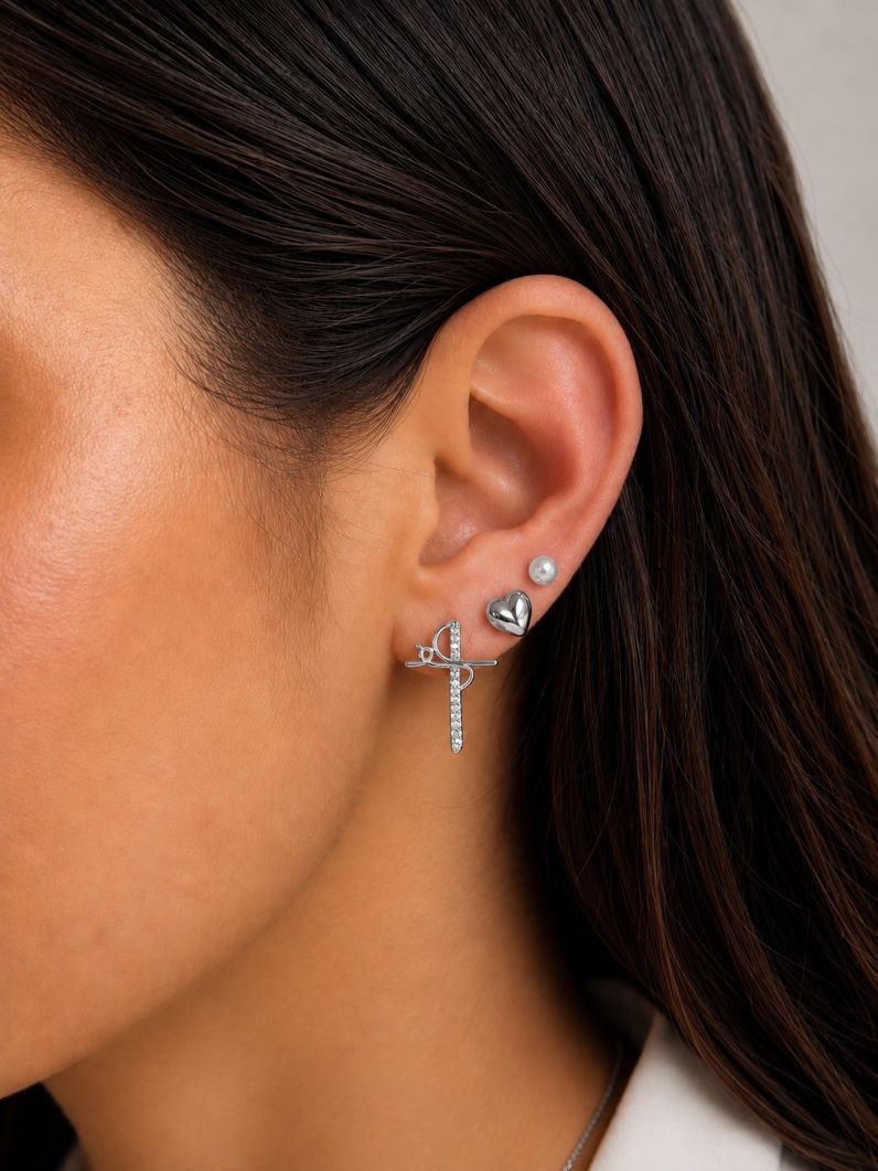 Trio de Brinco Folheado a Ouro 18k e Prata Pérola, Com Coração e Fé