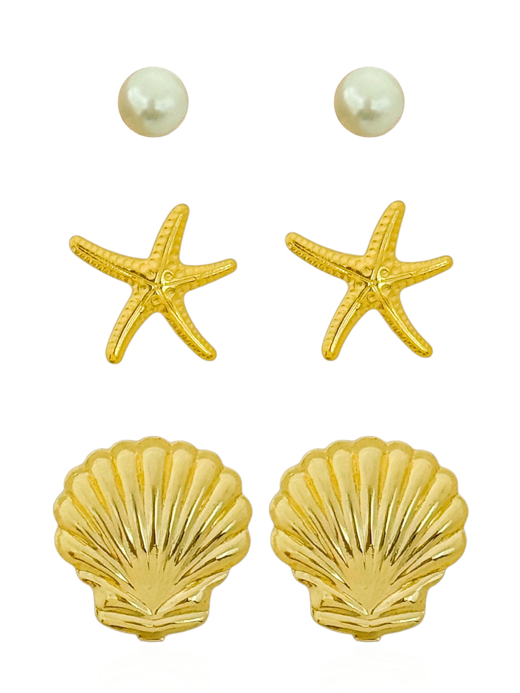 Trio de Brinco Folheado a Ouro 18k e Prata Pérola Com Estrela do Mar e Concha