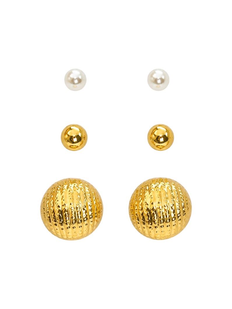 Trio de Brinco Folheado a Ouro 18k e Prata Pérola, Esfera e Botton Detalhado