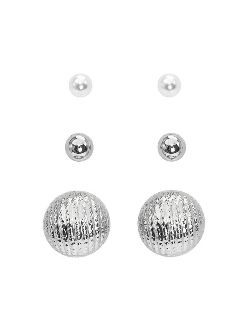 Trio de Brinco Folheado a Ouro 18k e Prata Pérola, Esfera e Botton Detalhado