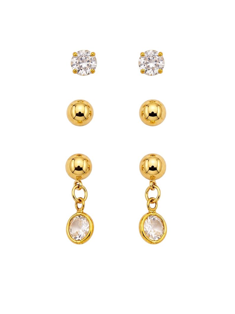 Trio de Brinco Folheado a Ouro 18k e Prata Ponto de Luz, Esferas Com Cristal