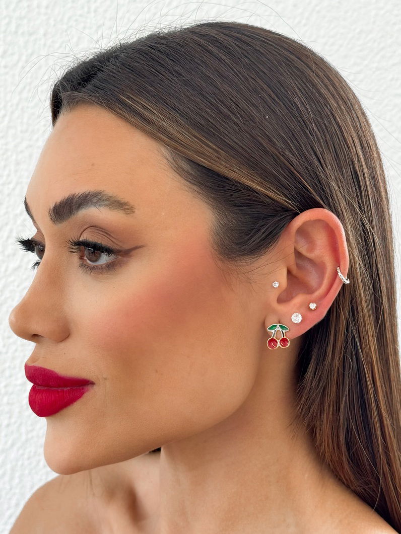 Trio de Brinco Folheado a Ouro 18k e Prata Pontos de Luz e Cereja