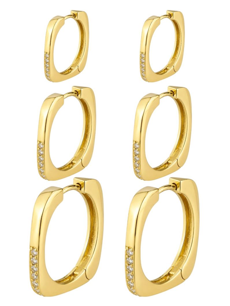 Trio de Brinco Folheado a Ouro 18k e Prata Quadrado Cravejado