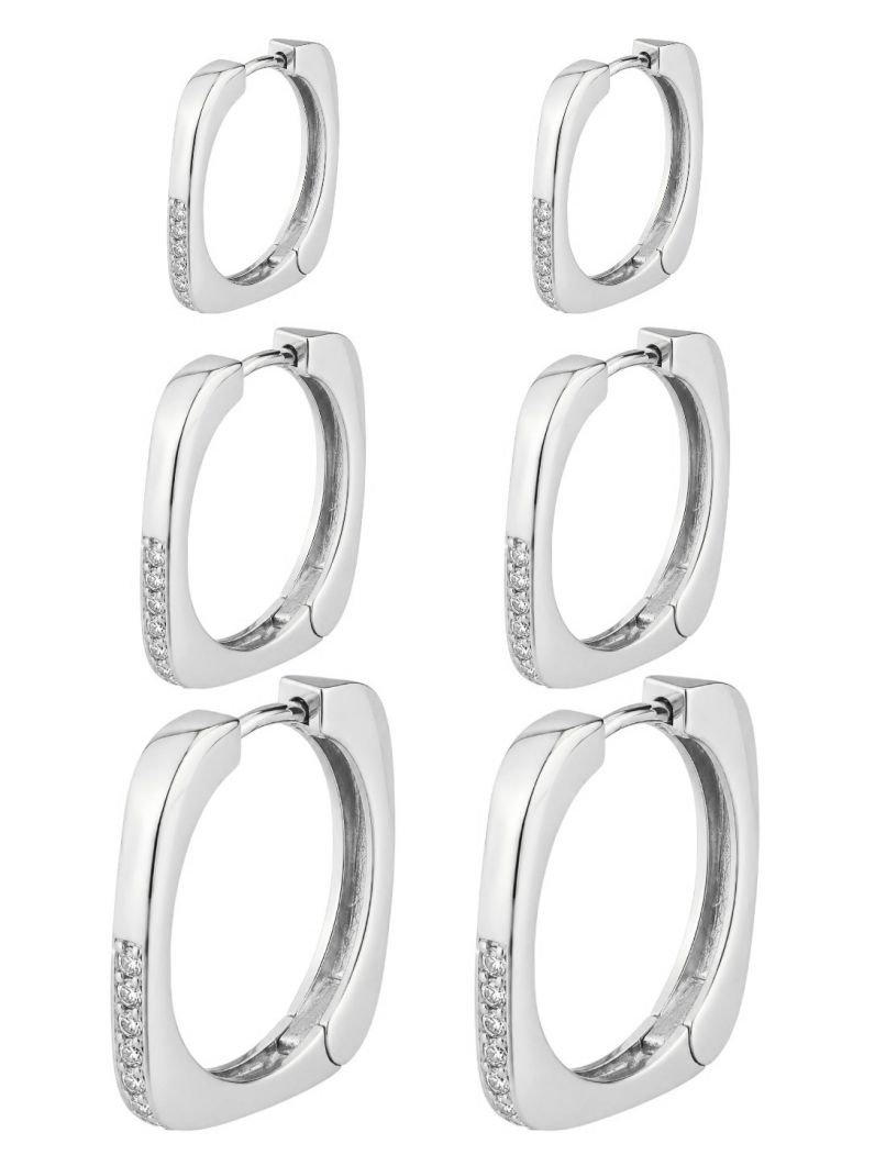 Trio de Brinco Folheado a Ouro 18k e Prata Quadrado Cravejado