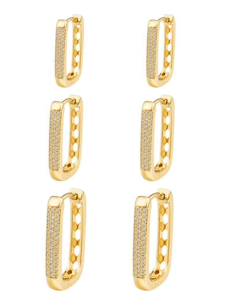 Trio de Brinco Folheado a Ouro 18k e Prata Quadrado Cravejado Moderno