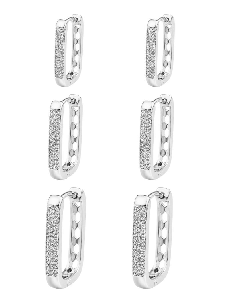 Trio de Brinco Folheado a Ouro 18k e Prata Quadrado Cravejado Moderno