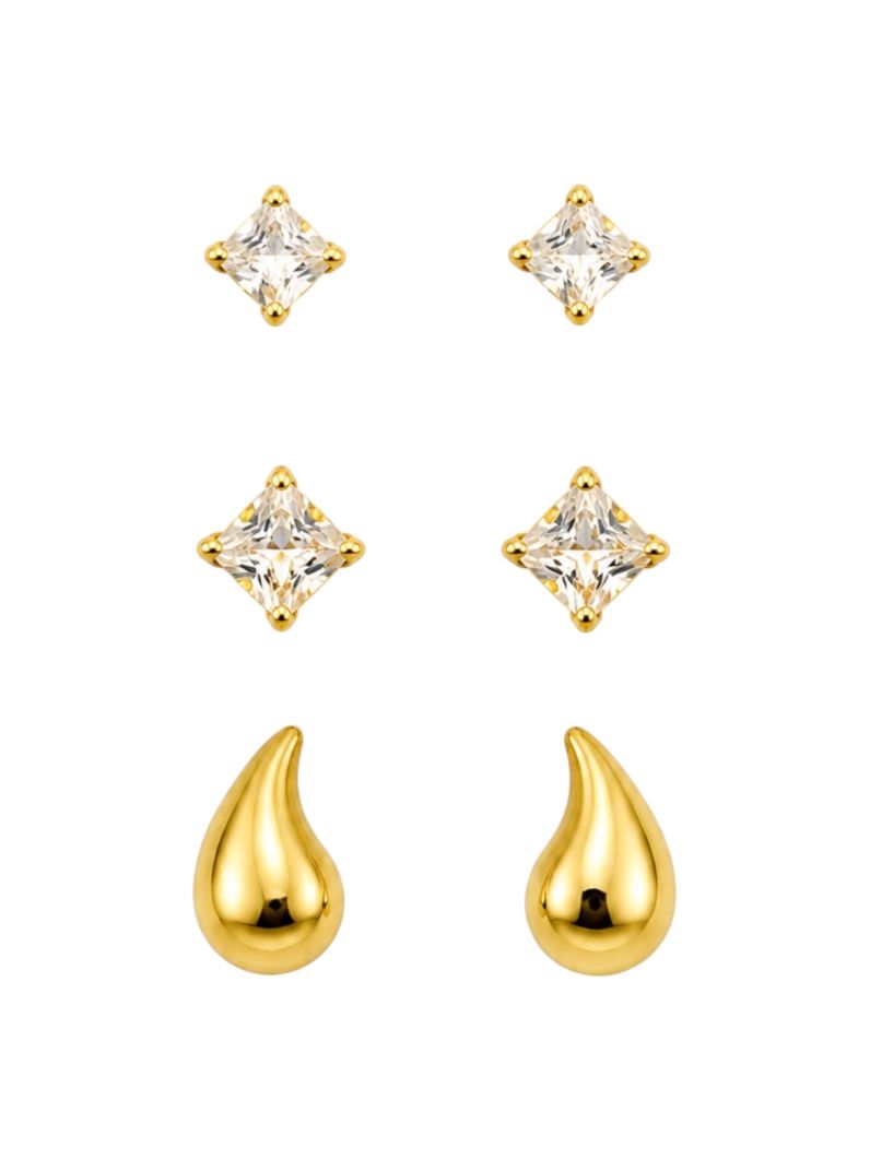 Trio de Brinco Folheado a Ouro 18k e Prata Quadrado Cristal e Gota