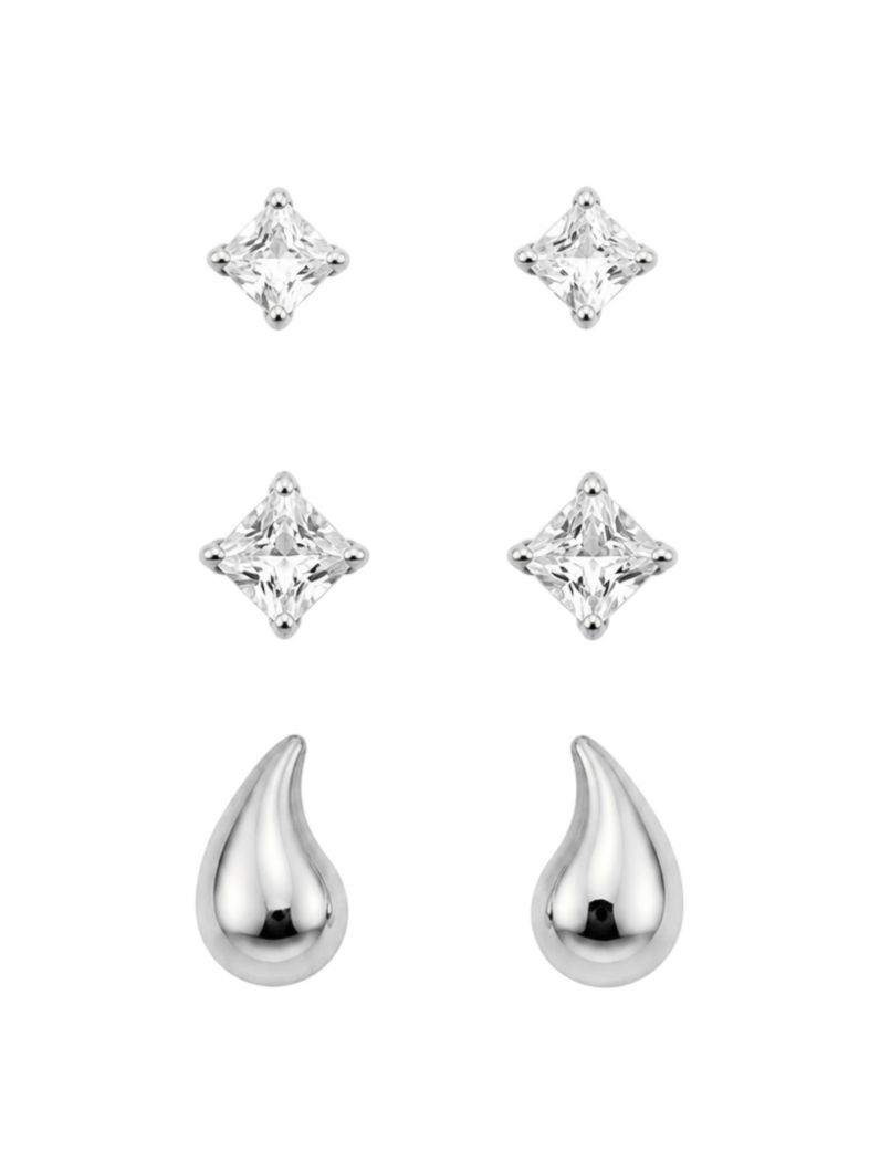Trio de Brinco Folheado a Ouro 18k e Prata Quadrado Cristal e Gota