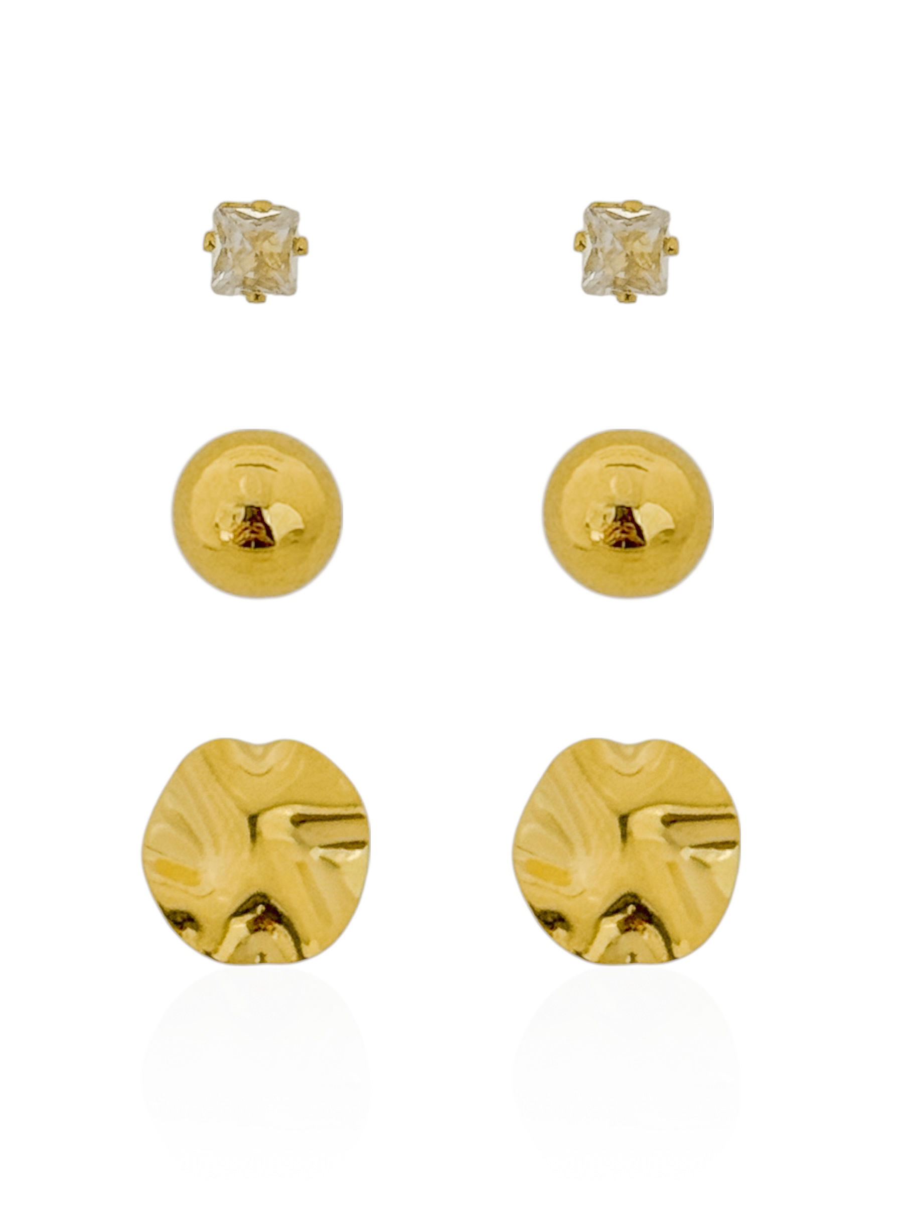 Trio de Brinco Folheado a Ouro 18k e Prata Quadrado de Cristal, Esfera e Círculo Martelado