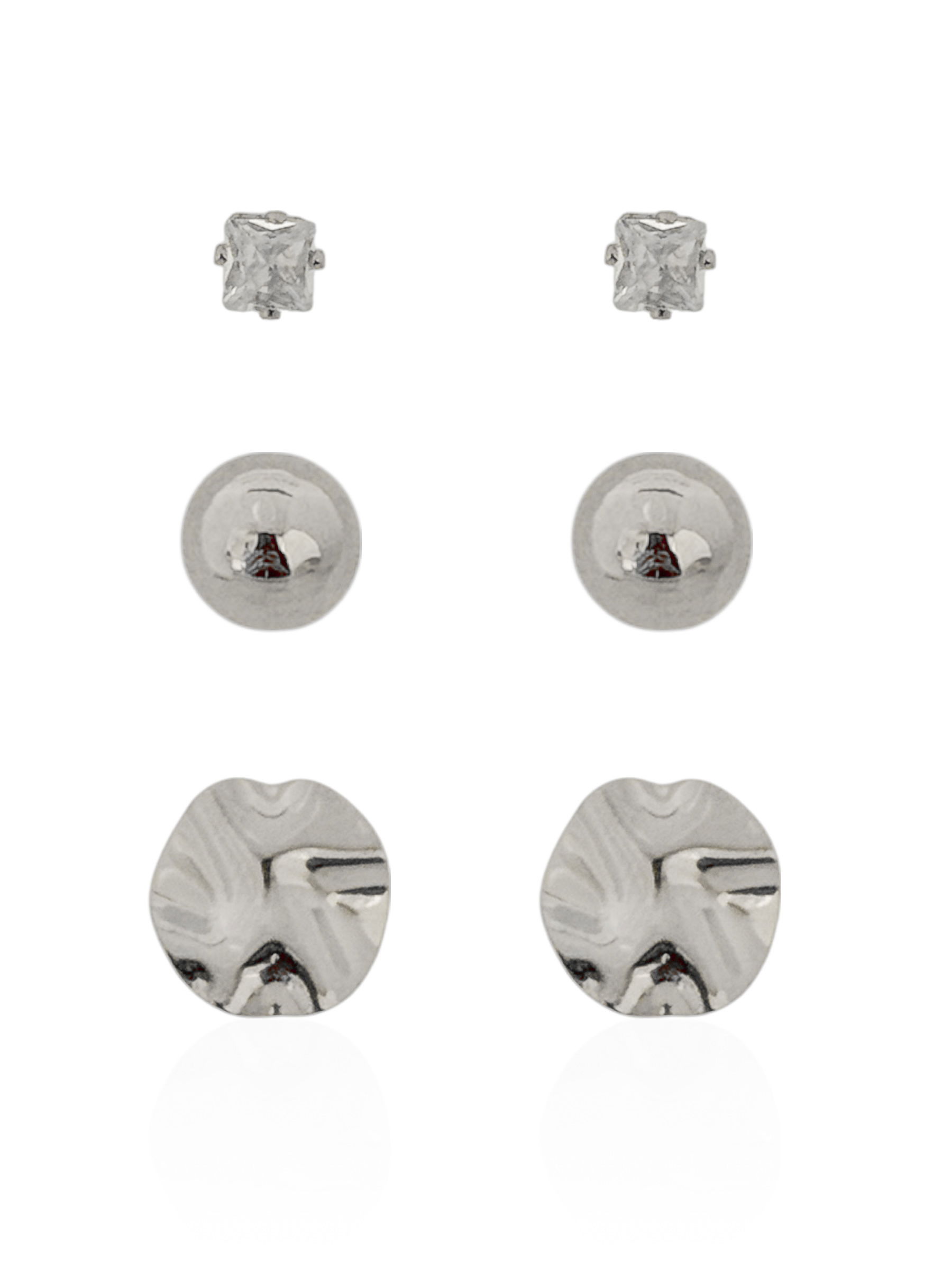 Trio de Brinco Folheado a Ouro 18k e Prata Quadrado de Cristal, Esfera e Círculo Martelado