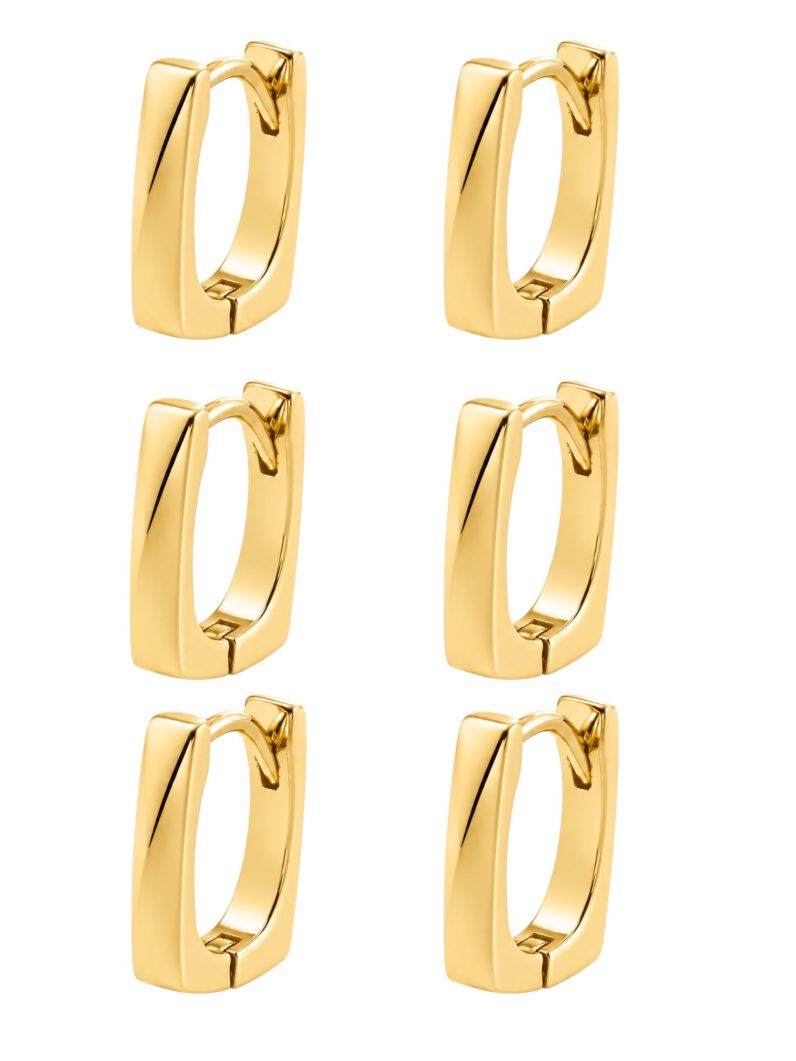 Trio de Brinco Folheado a Ouro 18k e Prata Quadrado Liso