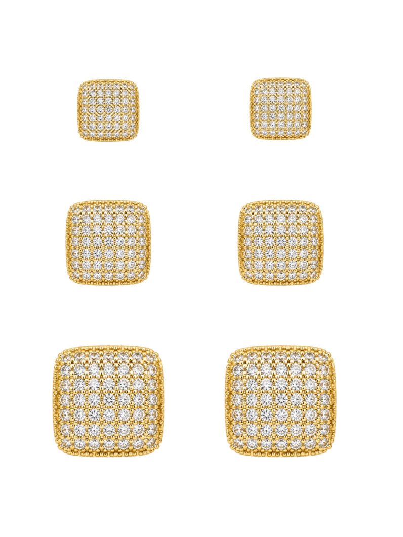 Trio de Brinco Folheado a Ouro 18k e Prata Quadrados Cravejados