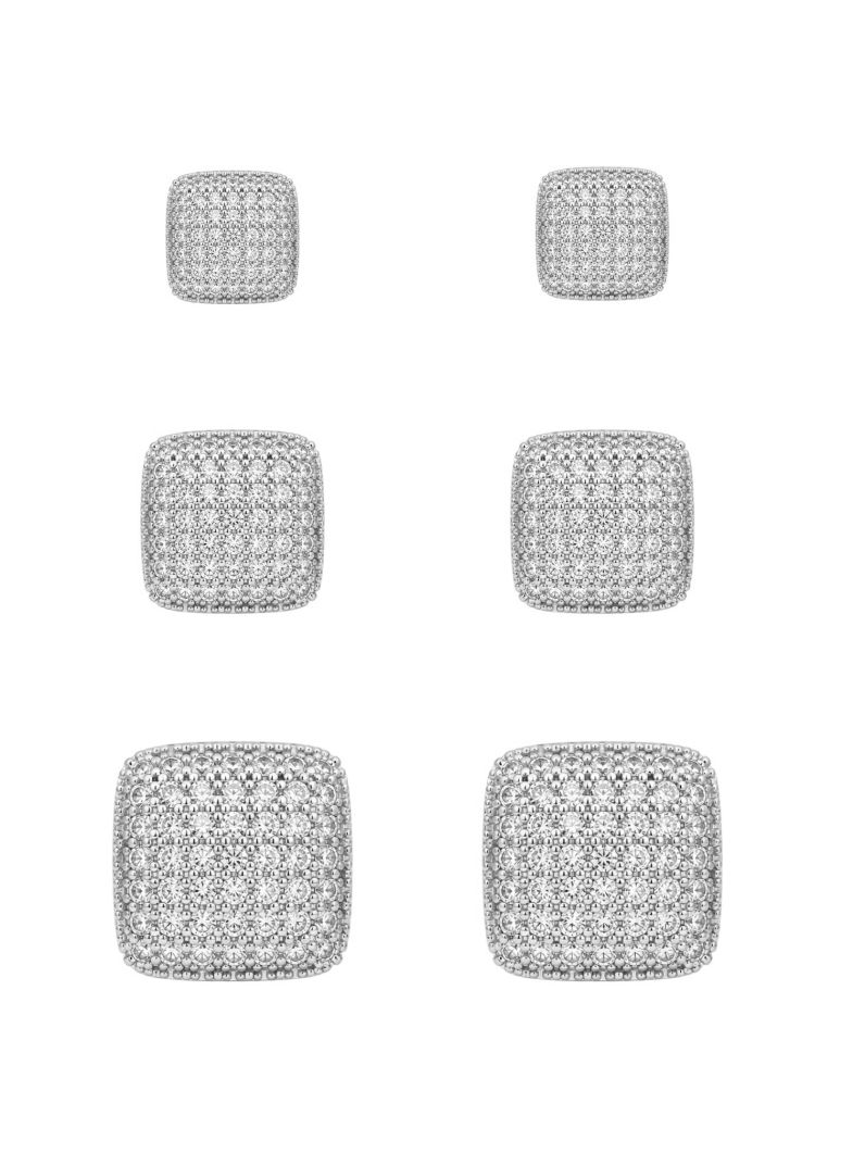 Trio de Brinco Folheado a Ouro 18k e Prata Quadrados Cravejados