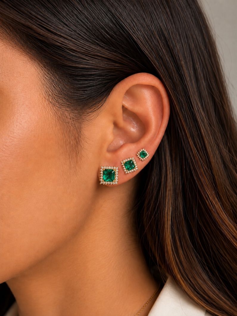 Trio de Brinco Folheado a Ouro 18k e Prata Quadrados de Cristal Com Zircônias
