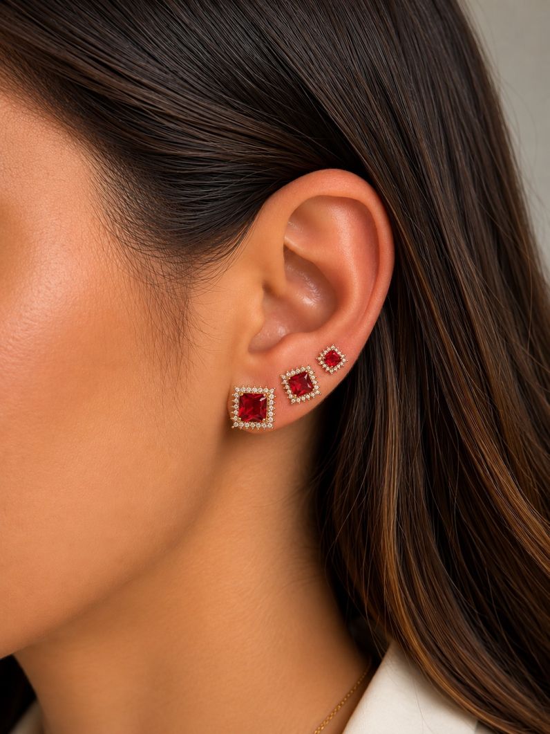 Trio de Brinco Folheado a Ouro 18k e Prata Quadrados de Cristal Com Zircônias