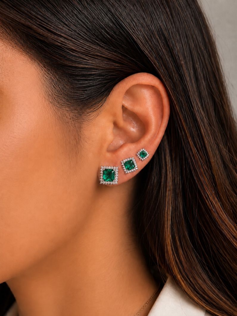 Trio de Brinco Folheado a Ouro 18k e Prata Quadrados de Cristal Com Zircônias