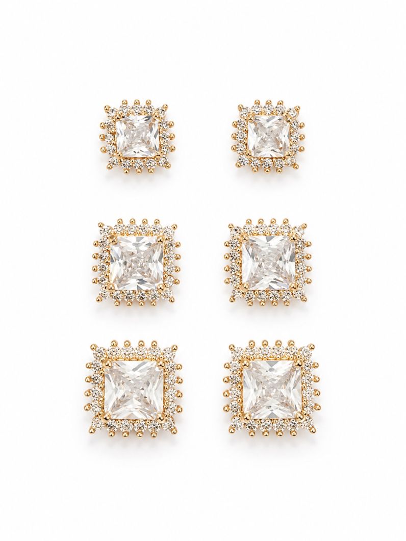 Trio de Brinco Folheado a Ouro 18k e Prata Quadrados de Cristal Com Zircônias