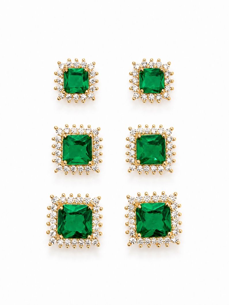 Trio de Brinco Folheado a Ouro 18k e Prata Quadrados de Cristal Com Zircônias