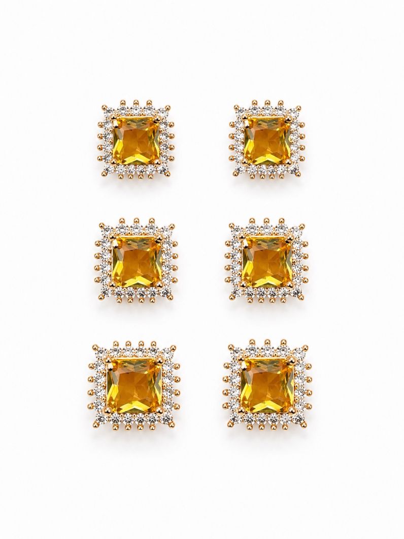 Trio de Brinco Folheado a Ouro 18k e Prata Quadrados de Cristal Com Zircônias