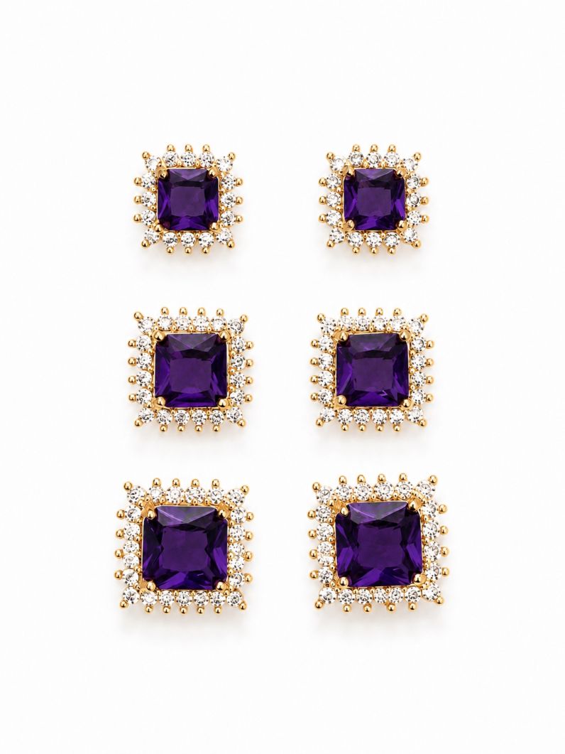 Trio de Brinco Folheado a Ouro 18k e Prata Quadrados de Cristal Com Zircônias