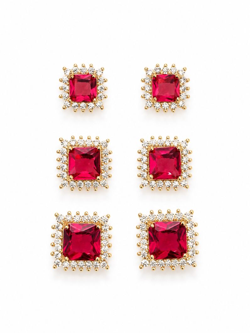 Trio de Brinco Folheado a Ouro 18k e Prata Quadrados de Cristal Com Zircônias