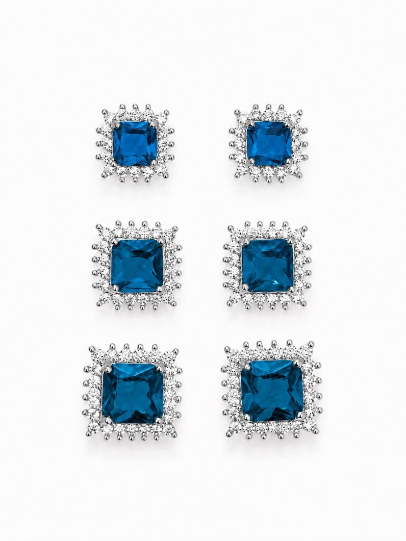 Trio de Brinco Folheado a Ouro 18k e Prata Quadrados de Cristal Com Zircônias