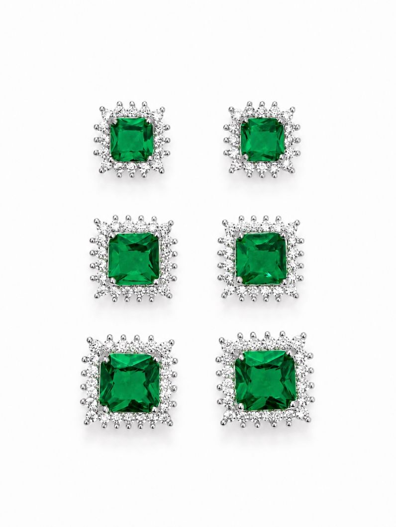Trio de Brinco Folheado a Ouro 18k e Prata Quadrados de Cristal Com Zircônias