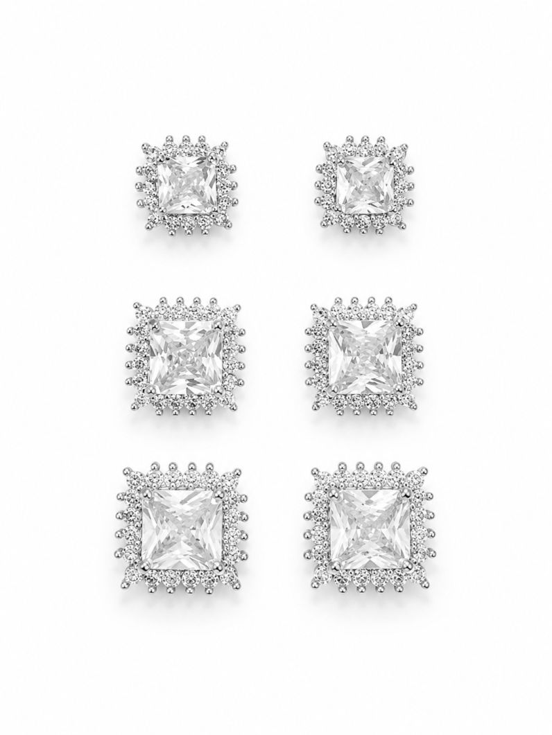 Trio de Brinco Folheado a Ouro 18k e Prata Quadrados de Cristal Com Zircônias