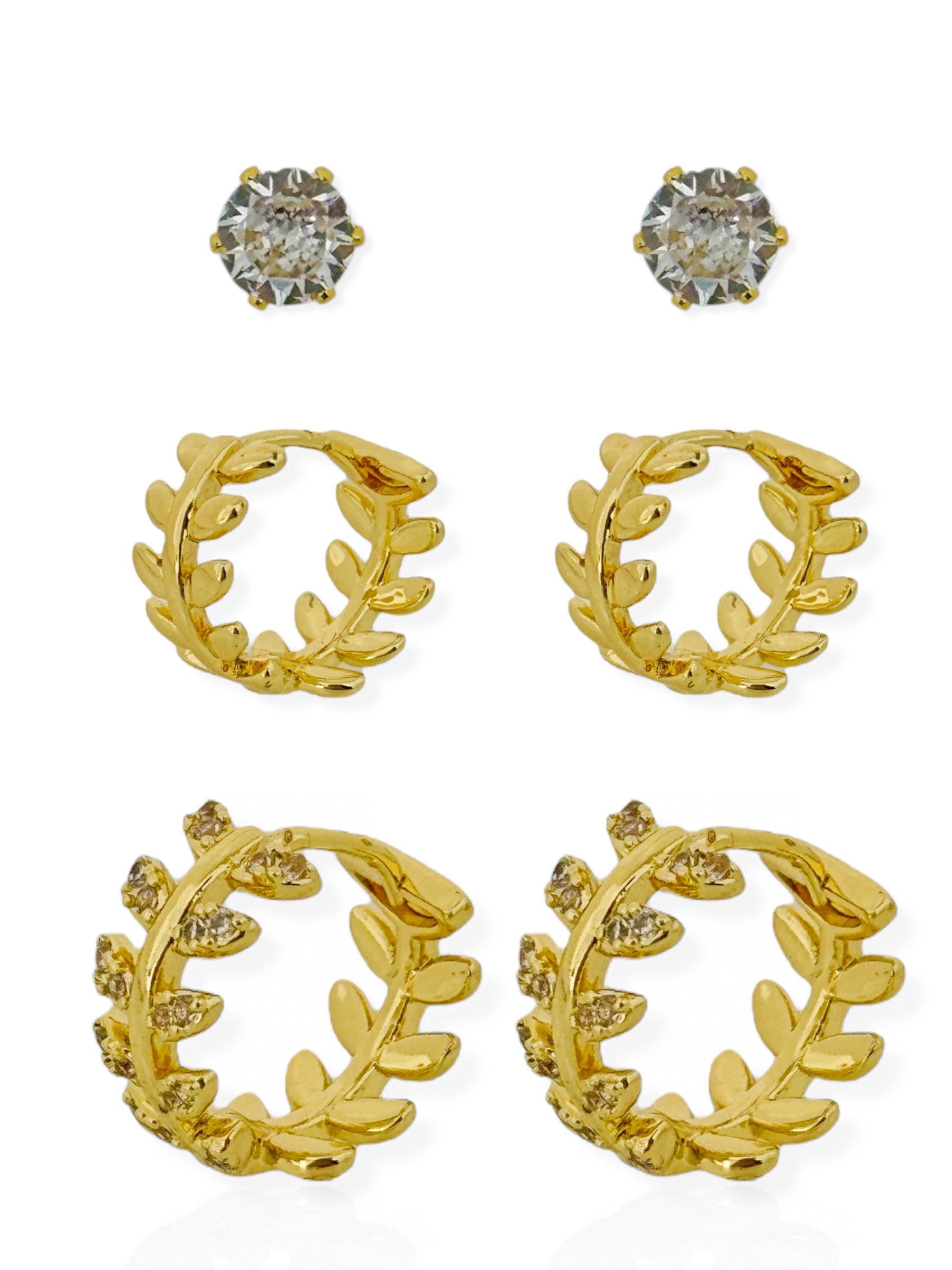 Trio de Brinco Folheado a Ouro 18k e Prata Ramos Com Ponto de luz