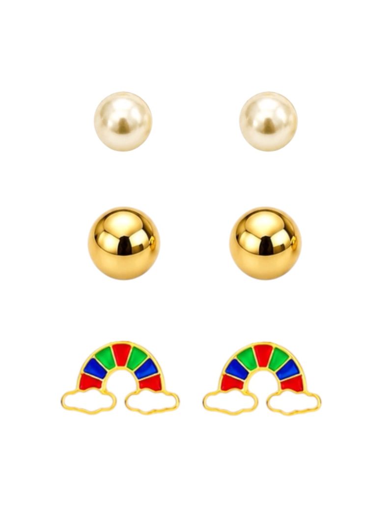 Trio de Brinco Folheado a Ouro 18k Esfera, Pérola e Arco-ìris