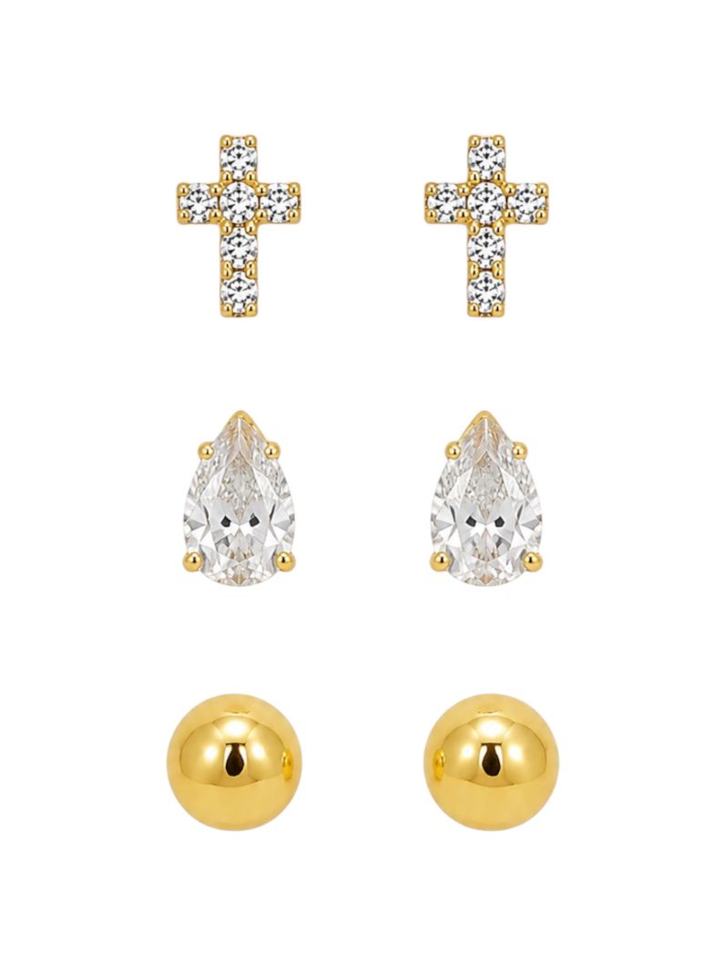 Trio de Brinco Folheado a Ouro 18k Esferas Com Gota Cristal, e Cruz Cravejado