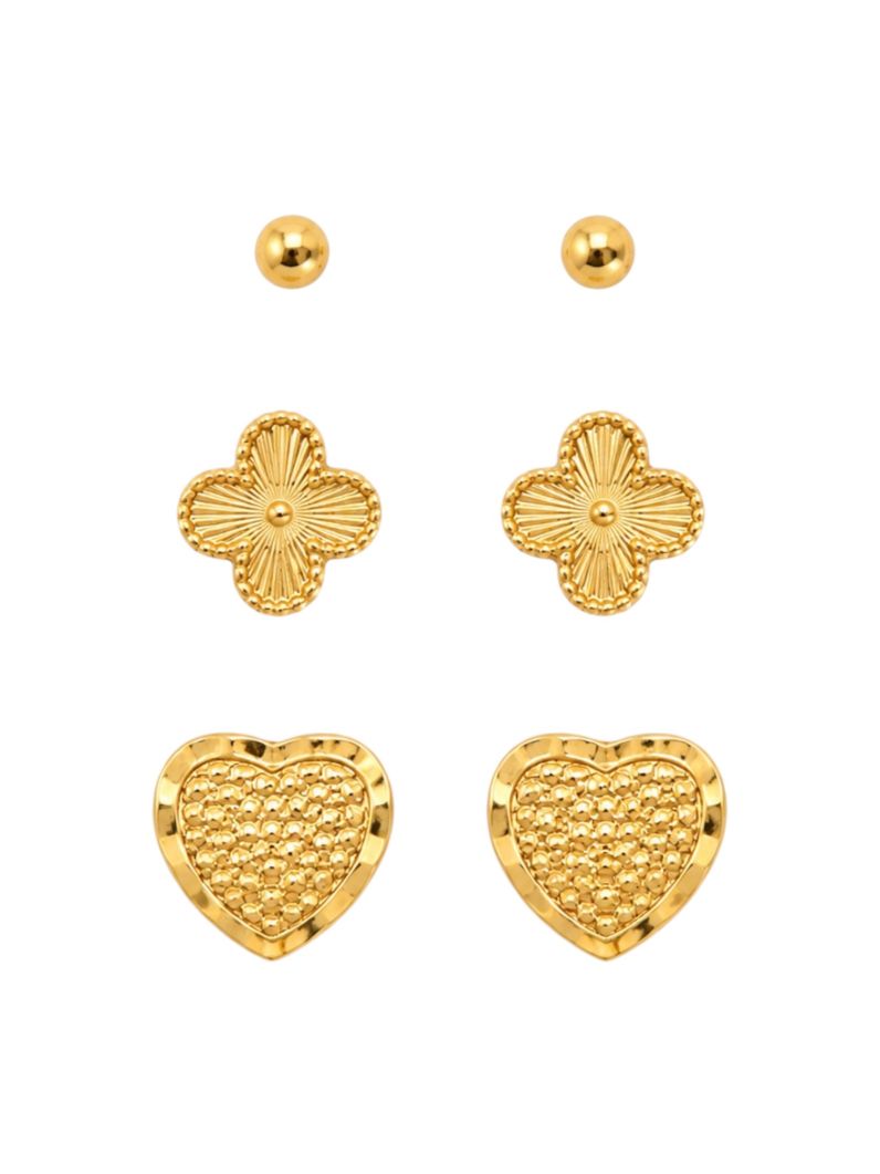 Trio de Brinco Folheado a Ouro 18k Esferas Com Inspiração Vg e Coração Texturizo