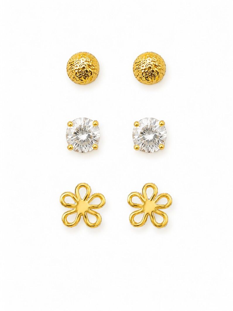 Trio de Brinco Folheado a Ouro 18k Flor Vazado e Ponto de Luz Com Esferas Texturizado