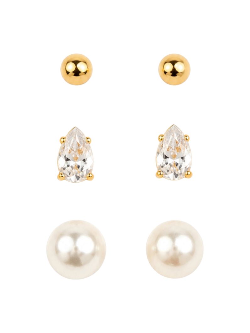Trio de Brinco Folheado a Ouro 18k Gota Cristal, Esfera e Pérola