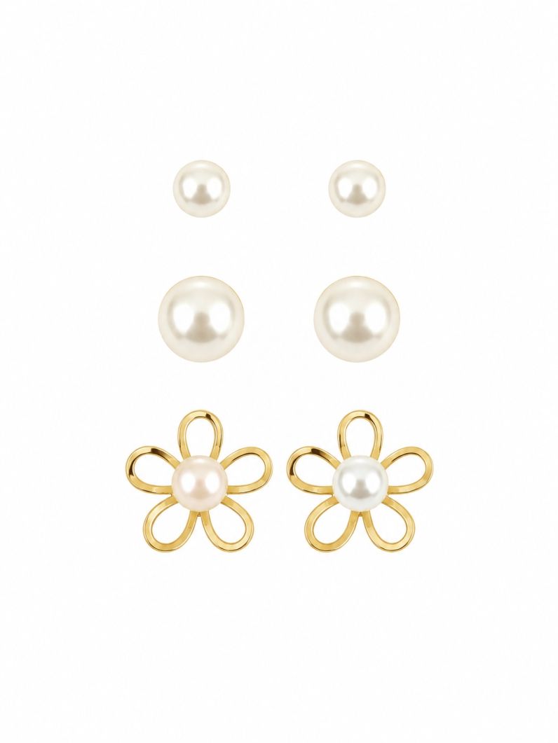 Trio de Brinco Folheado a Ouro 18k Perolas e FLor